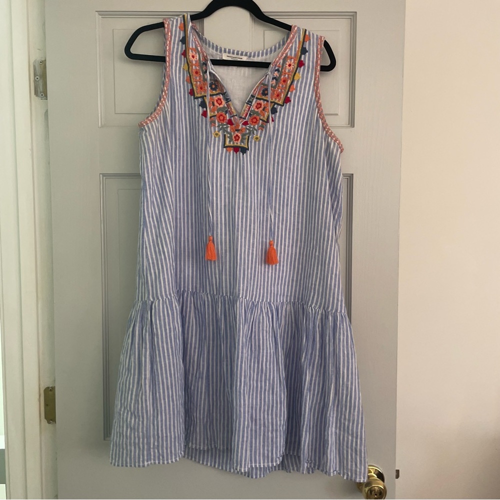 beachlunchlounge Blue and White Striped Floral Embroidery Dress